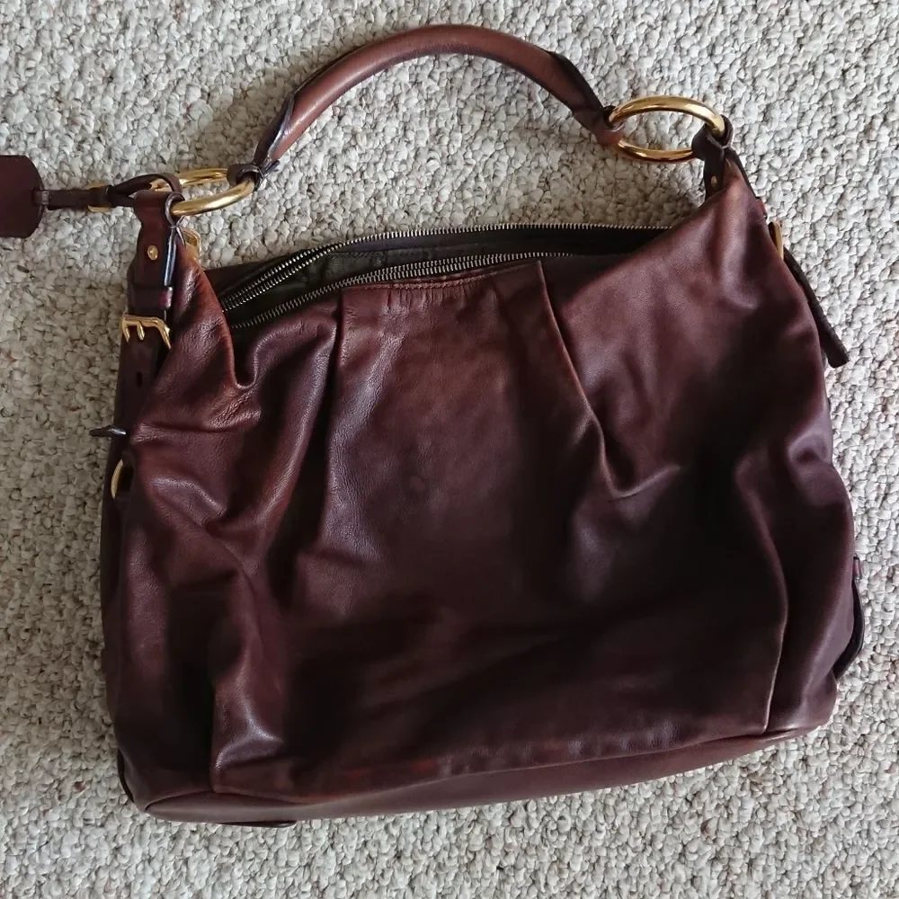 PRADA coffee brown calfskin leather Hobo Bag